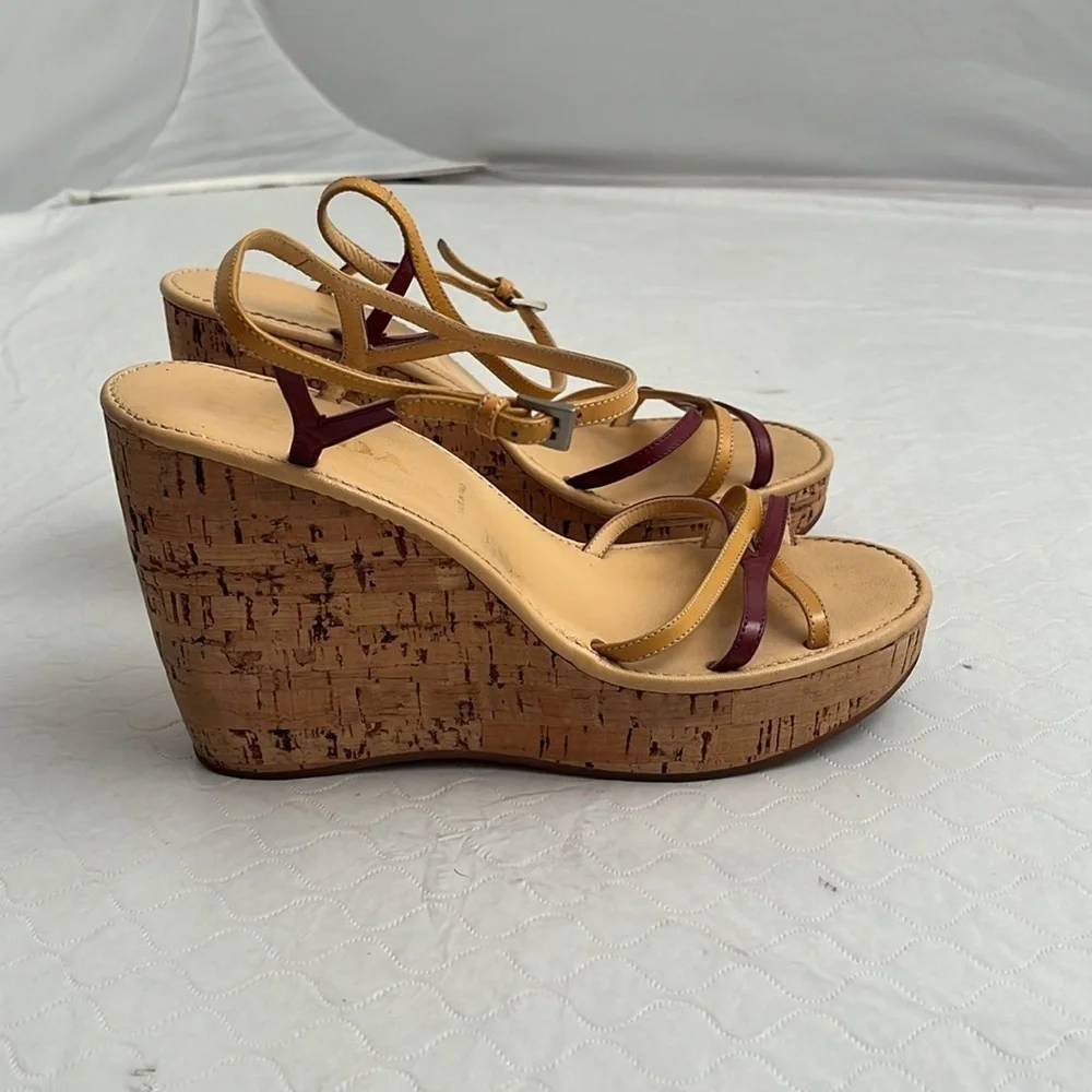 Prada tan and burgundy patent leather strappy cork platform wedge sandals